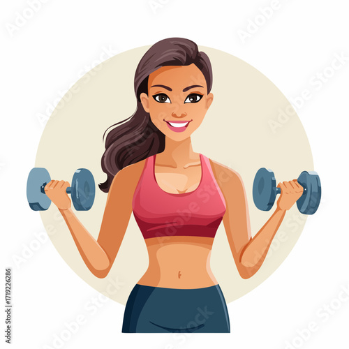 Fit & Fabulous Cartoon Woman Working Out with Dumbbells for Health and Wellness