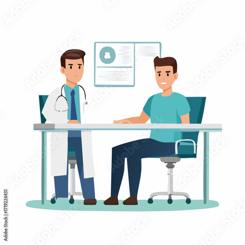 Patient in the doctor’s office. Doctor consultation. Man with headache visit diagnosis isolated on white background