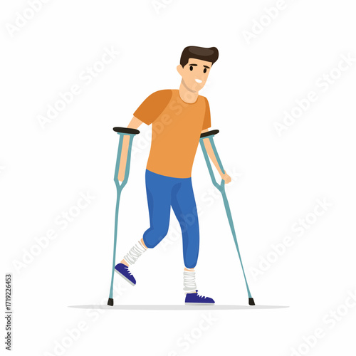 Patient with disability learning to walk with prosthesis, rails isolated on white background