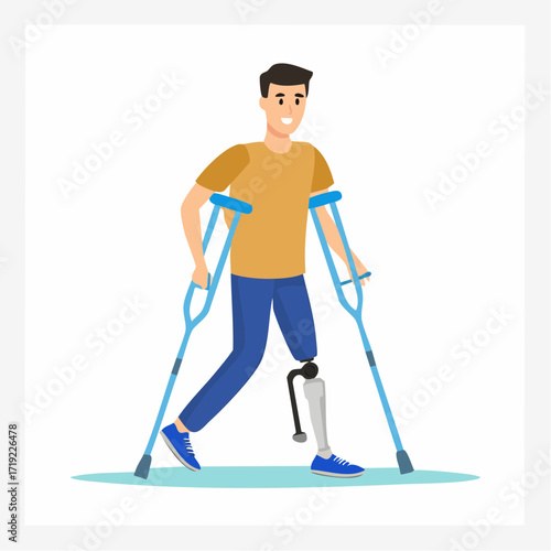 Patient with disability learning to walk with prosthesis, rails isolated on white background