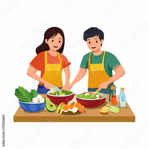 Couple happily preparing a healthy salad together in a bright kitchen, surrounded by fresh ingredients