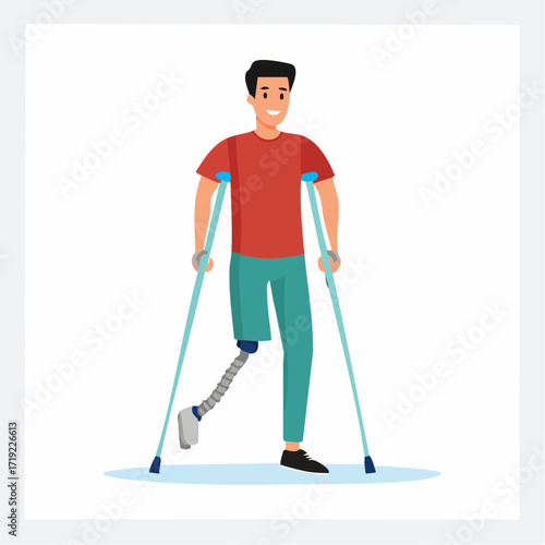 Patient with disability learning to walk with prosthesis, rails isolated on white background