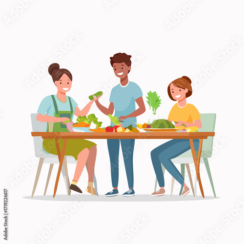 Three diverse friends joyfully preparing a healthy meal together in a bright, modern kitchen, highlighting the pleasure of shared cooking and fresh ingredients