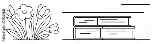 Flowers blooming alongside stacked books symbolize harmony of nature and learning. Ideal for education, personal growth, creativity, spring, reading, sustainability, balance, simple flat metaphor