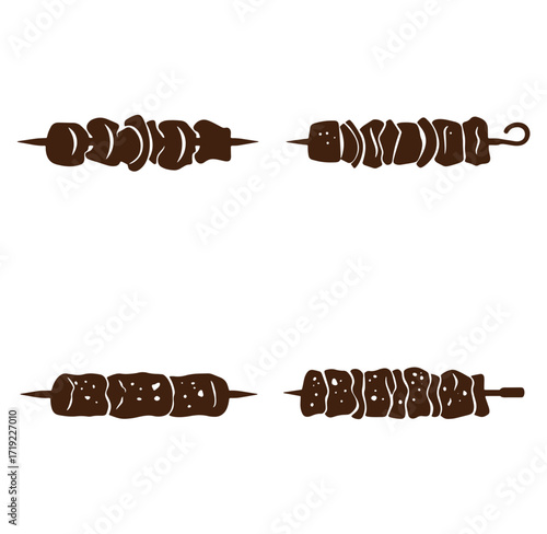 Vector illustration of four isolated grilled kebab skewers food items on white background