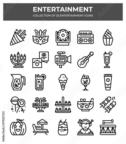 Collection of 25 Entertainment Icons. Party. Celebration. and Festive Elements