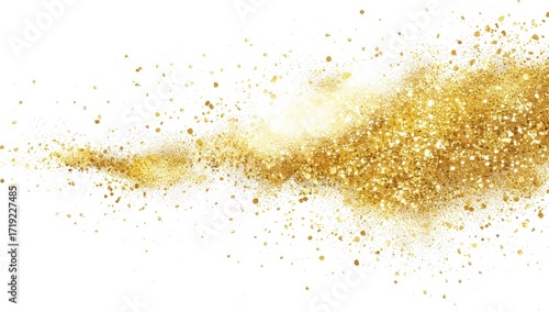 Abstract image of a gold glitter cloud, a dynamic, scattered explosion of tiny gold particles against a plain white background.  The gold is concentrated in a wave-like shape
