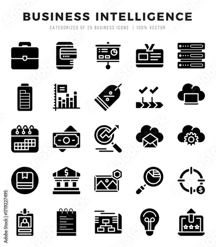 Vector Business Intelligence types icon set in Glyph style. vector illustration.