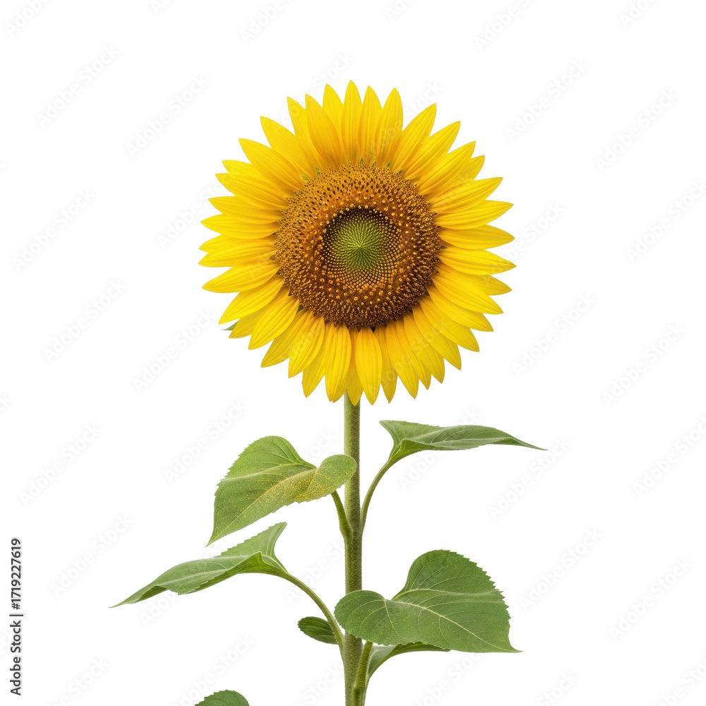 Fototapeta premium Single vibrant sunflower with yellow ray florets, dark center, green stem on seamless transparent studio background, ample copy space. Concept of pristine natural beauty
