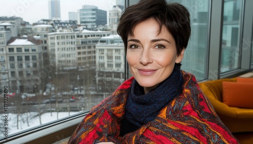 Elegant Professional Female Smiling Warmly with Positive Energy and Charming Beauty in Urban Setting