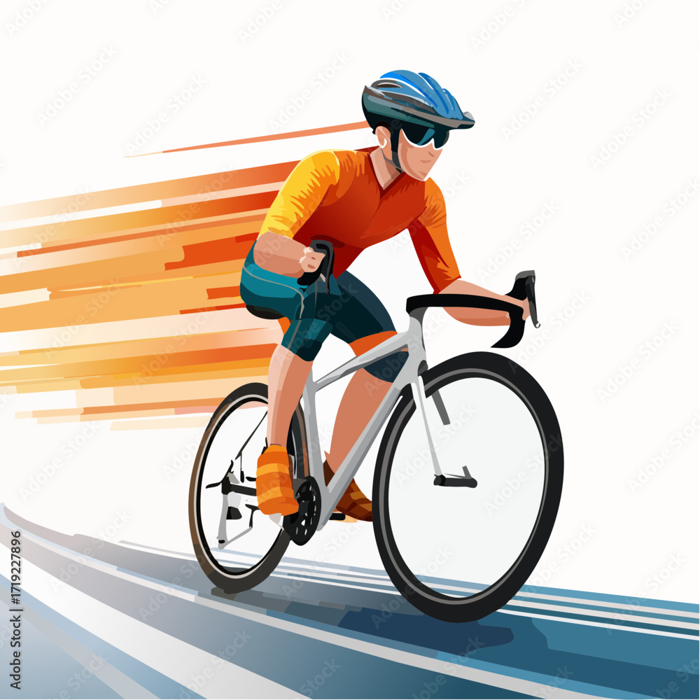 Naklejka premium Dynamic illustration of a cyclist speeding forward, embodying endurance and peak performance in an athletic race or training session, captured with vibrant energy