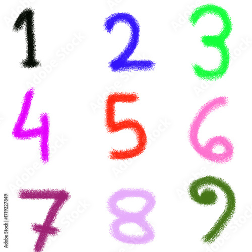 Colorful hand drawn numbers from one to nine on a white background