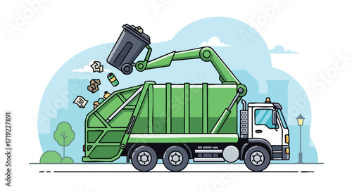 Garbage Truck Collecting Trash in a City