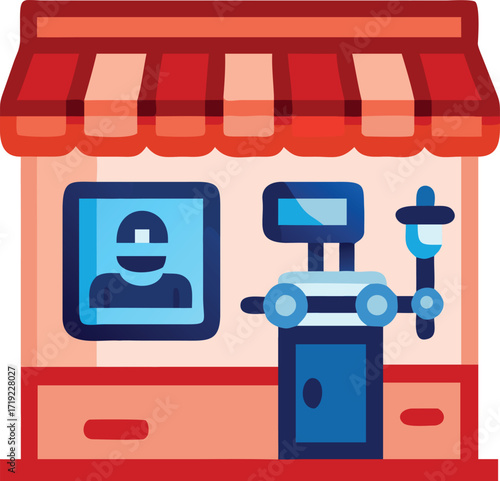 A shop front with a man visible in the window, promoting items and interacting with customers outside.