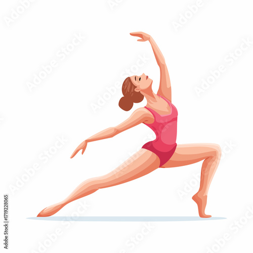 Dynamic illustration of a graceful female dancer in a vibrant pink leotard, striking an elegant pose that embodies flexibility and artistic movement