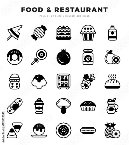 Set of Food and Restaurant Icons Lineal Filled icons collection.