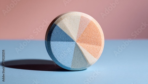 Circular, multicolored object on a two-toned surface