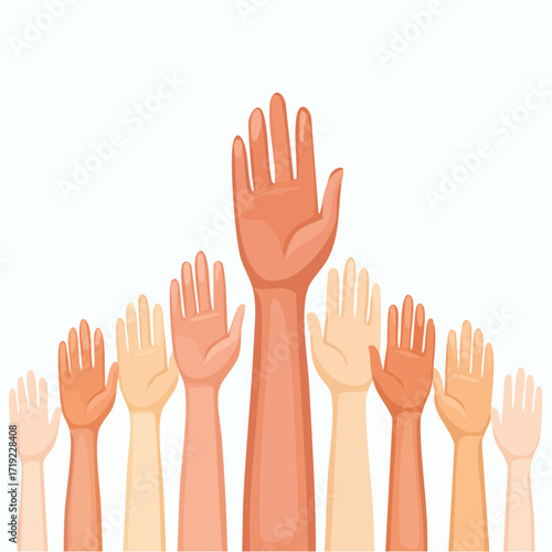 Diverse hands raised in unison, symbolizing active participation, voting, and collective decision-making, representing community engagement and democratic process