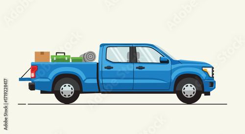 Modern Blue Pickup Truck with Camping Gear