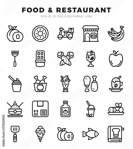 Set of 25 Food and Restaurant Lineal Icons Pack.