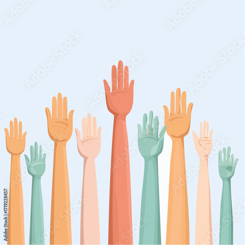 A vibrant collection of hands reaching upwards, representing unity, engagement, and the spirit of community involvement and collective decisions