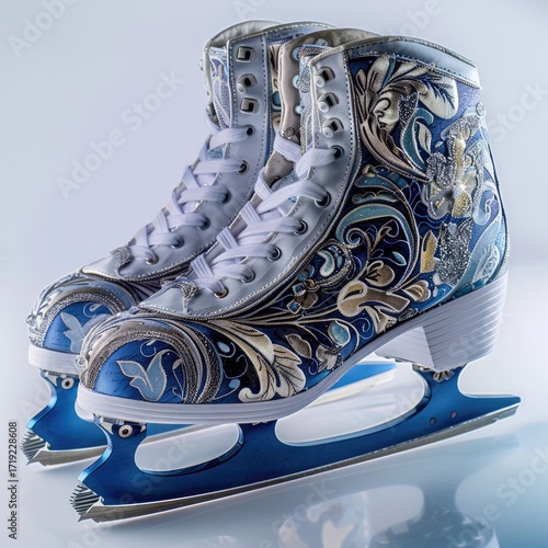 A pair of figure skates with a blue and cream floral design are shown against a white background.  The skates are laced up and have metallic blue blades