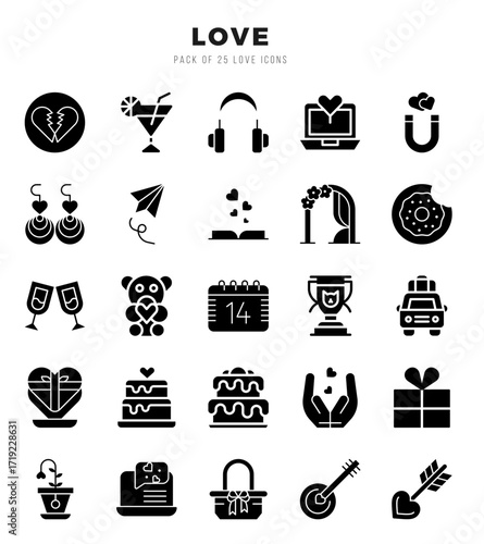 Collection of Love 25 Glyph Icons Pack.