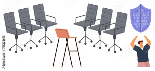 Grey office chairs surround an orange stool. Above, a digital shield represents cybersecurity. A confident woman flexing symbolizes empowerment. Ideal for teamwork, leadership, protection