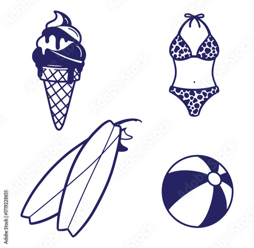 Vector illustration of summer essentials including ice cream bikini surfboards and a beach ball