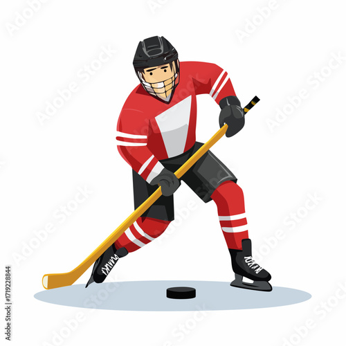 Dynamic cartoon illustration of an energetic ice hockey player in a red uniform, expertly skating and stickhandling the puck on a rink, capturing the thrill of winter sports