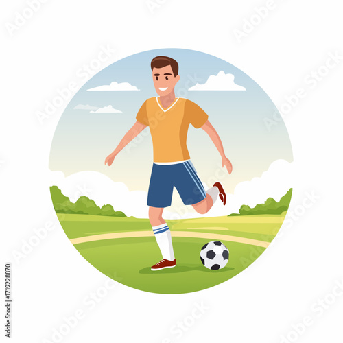 Cheerful Soccer Player Kicking the Ball on a Green Field Under a Sunny Sky Vector Illustration