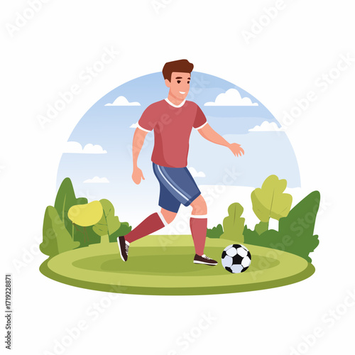 Energetic male athlete enjoying a lively game of football, skillfully dribbling the ball across a vibrant grassy pitch in a sunny outdoor park setting, rendered in a modern flat design 