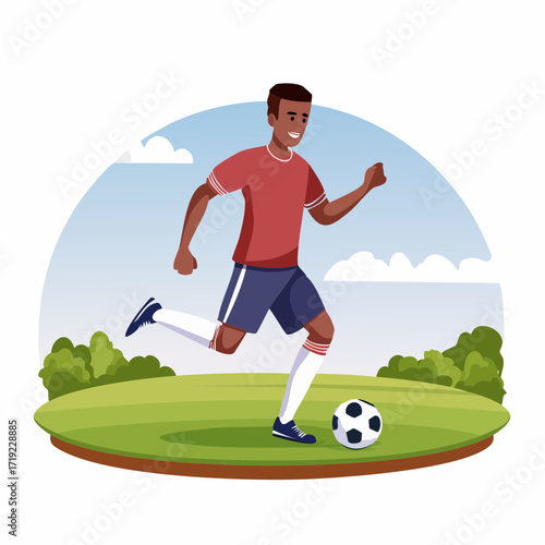 Soccer player in action on a green field, kicking the ball during a match or training session