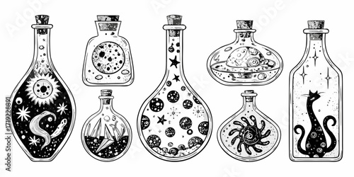 Collection of whimsical black and white potion bottles filled with magical cosmic elements and creatures
