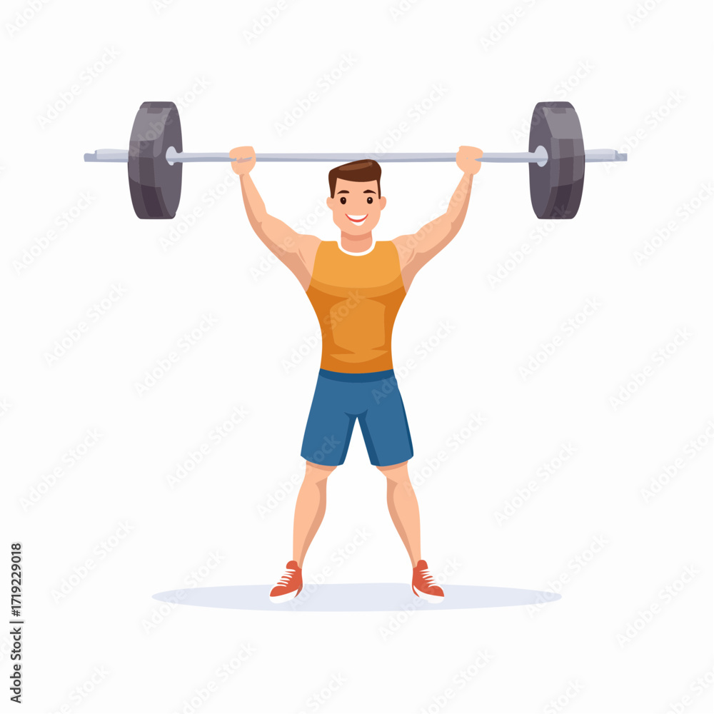Naklejka premium Happy man lifting barbell overhead, training in a gym, fitness workout, healthy lifestyle