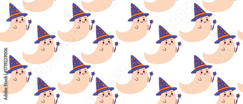 Seamless Halloween pattern featuring a cute ghost dressed as a wizard in a purple hat. Repetitive background with a little phantom holding a star-shaped magic wand for holiday textiles.