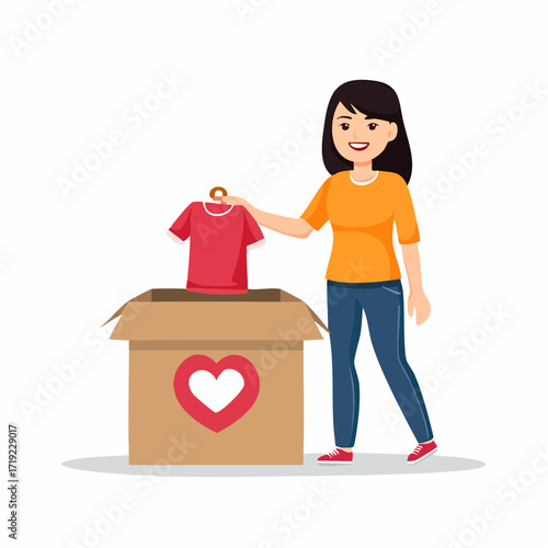 Young woman donating clothes to charity, putting a red t-shirt into a donation box with a heart symbol