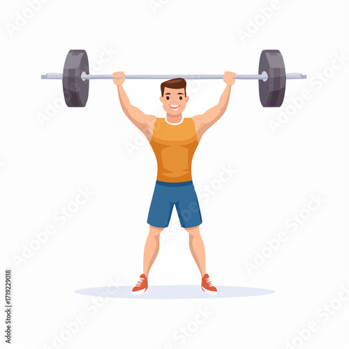 Happy man lifting barbell overhead, training in a gym, fitness workout, healthy lifestyle