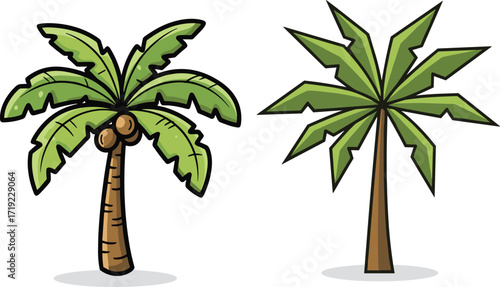 Cartoon Coconut Palm Tree and Stylized Tropical Palm Side by Side in Nature-Themed Vector Illustration Featuring Fronds and Fruit Detail