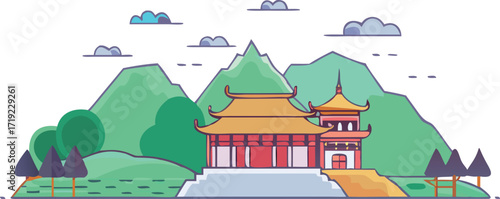 An artistic representation of a Chinese temple showcasing its distinctive architecture and cultural significance.