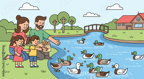 Family Feeding Ducks by the River in a Park