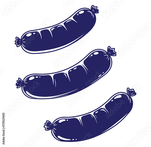 Vector illustration of three dark blue sausages isolated on a white background in retro style
