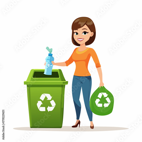 Cheerful woman demonstrates responsible waste management by actively recycling a plastic bottle into a designated green bin, promoting sustainable practices and environmental care