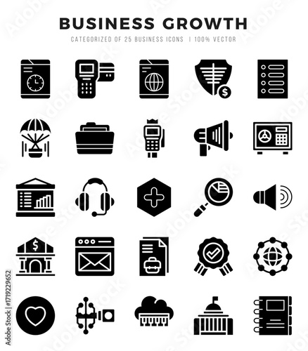 Collection of Business Growth 25 Glyph Icons Pack.