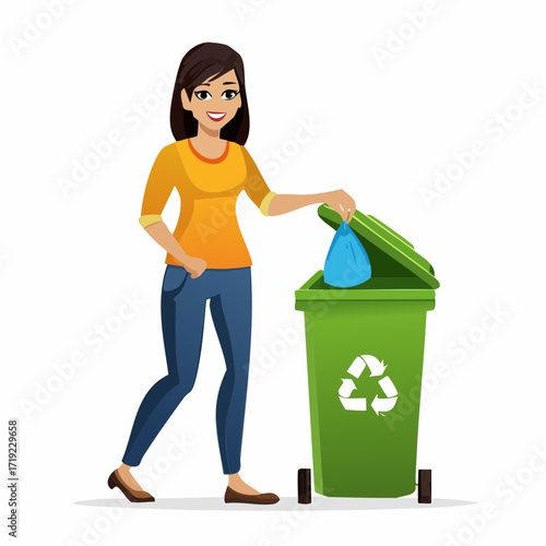 Woman Disposing of Trash in a Green Recycling Bin, Promoting Environmental Responsibility