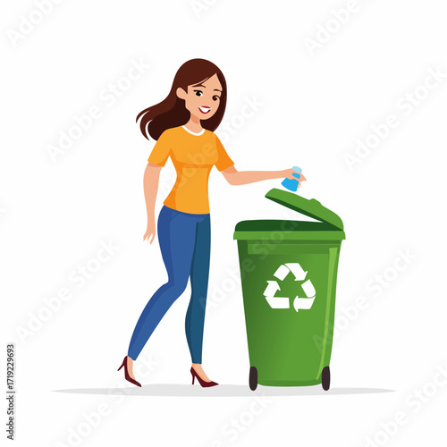 Smiling woman engaging in essential waste segregation, depositing a plastic item into a marked green recycling bin, highlighting a commitment to a clean and sustainable future
