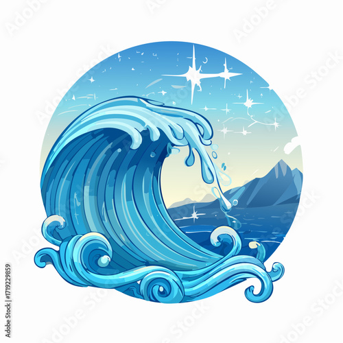 Dynamic blue ocean wave illustration, cresting with frothy whitecaps under a starry night sky and distant mountains, symbolizing the immense power and serene beauty of marine nature