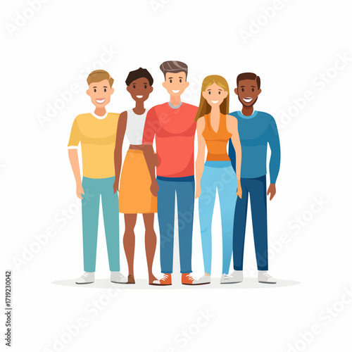 Vibrant illustration of a diverse group of young, smiling individuals standing together, symbolizing unity, collaboration, and a positive community spirit among friends