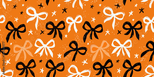 Hand drawn black white and orange bows and stars seamless pattern halloween theme
