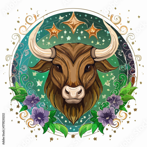 Intricate illustration of the Taurus zodiac sign, featuring a powerful bull's head adorned with celestial stars and vibrant floral accents, symbolizing strength and determination